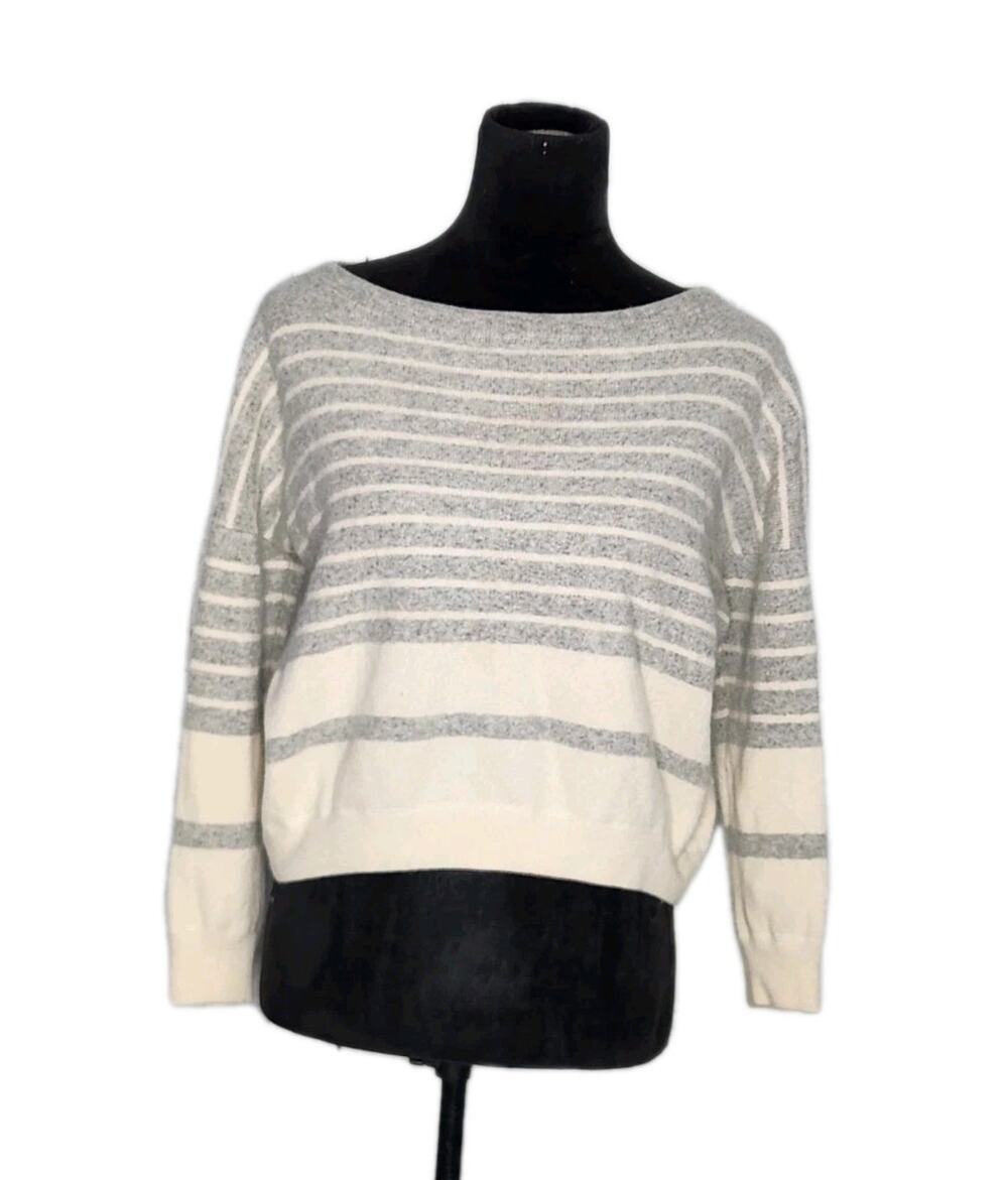 Vince 100% Cashmere Cream Gray Striped Cropped Sweater 3/4 Sleeve Women's Size M